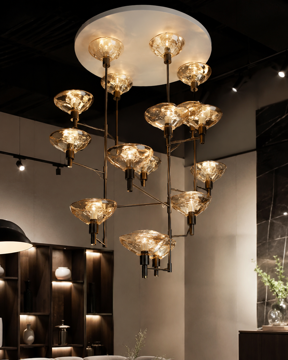 Leaf hanging double height chandelier